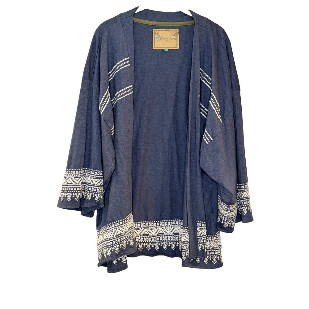 Living Planet Cardigan Open Front Shirt‎ Blue Embroidered Boho Cotton Knit Large